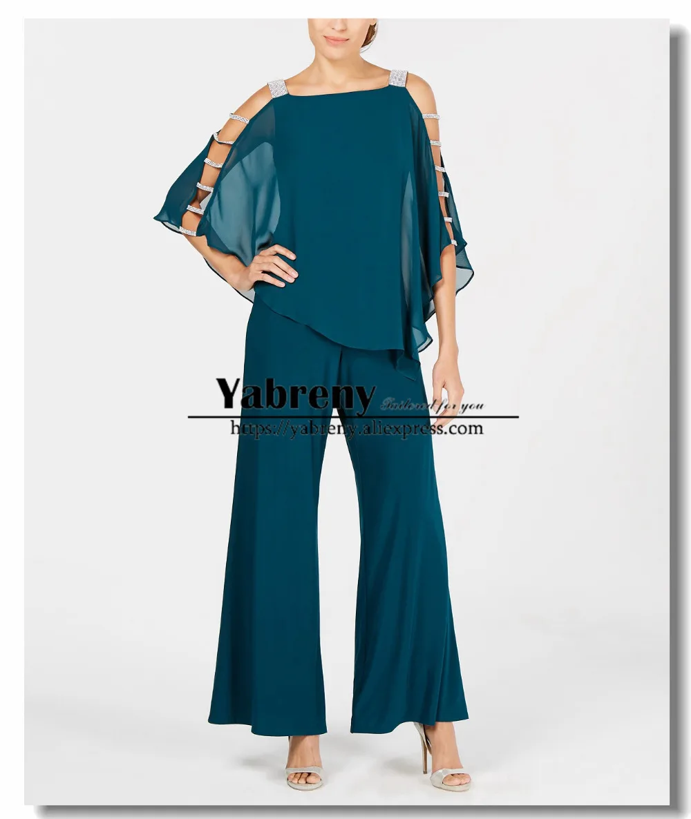 

Green 2PC Mother of the bride pantsuits Overlay Top Trousers set New arrival