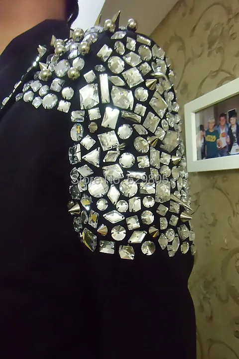 2016 Мужской Блейзер Модный черный со стразами для танцев тонкая верхняя одежда