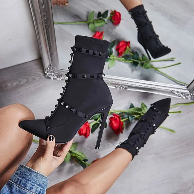 

JINJOE Women boots Rivet shoes boots Solid Ankle Boots Slouch Pointed Toe Short Boots High Heel Stilettos Side Zip Bootie Shoes