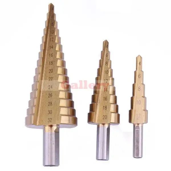 

Woodworking Tool 2 Sets Lot 3 Pcs Triangle Shank Step Drill Pagoda Ladder 4-12 4 20/4 32 12