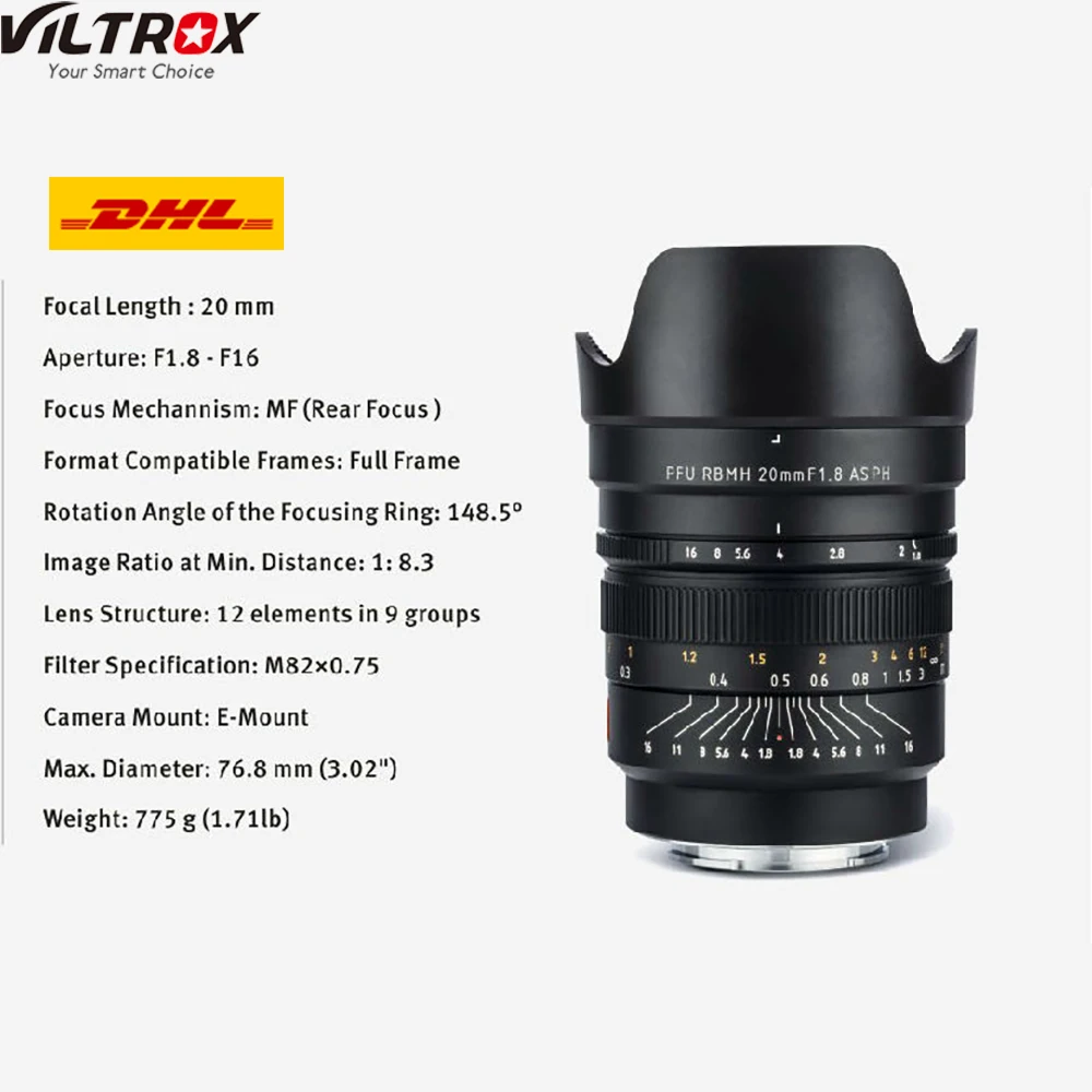 Объектив VILTROX 20 мм 85 f1.8 AS ED UMC широкоугольный объектив с фиксированным фокусом F1.8