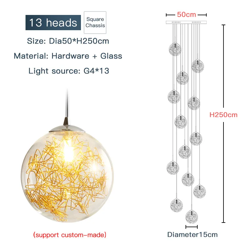 13 heads Art deco custom villa circular hand blown round glass spiral hanging high ceilings staircase modern lights for home chandelier - Цвет абажура: 13 heads