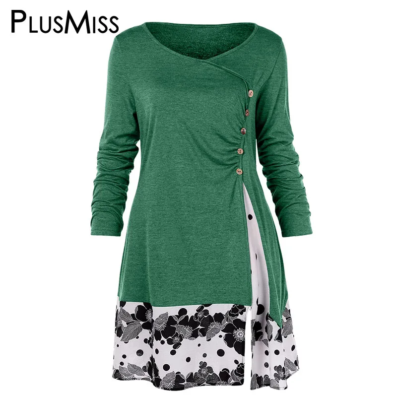 PlusMiss размера плюс 5XL драпированное платье с цветочным принтом длинная туника футболки Для женщин Весна топы с длинными рукавами футболки для девочек больших Размеры XXXXL XXXL XXL
