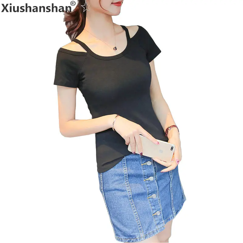 Xiushanshan с открытыми плечами Холтер футболка Для женщин короткий рукав черный