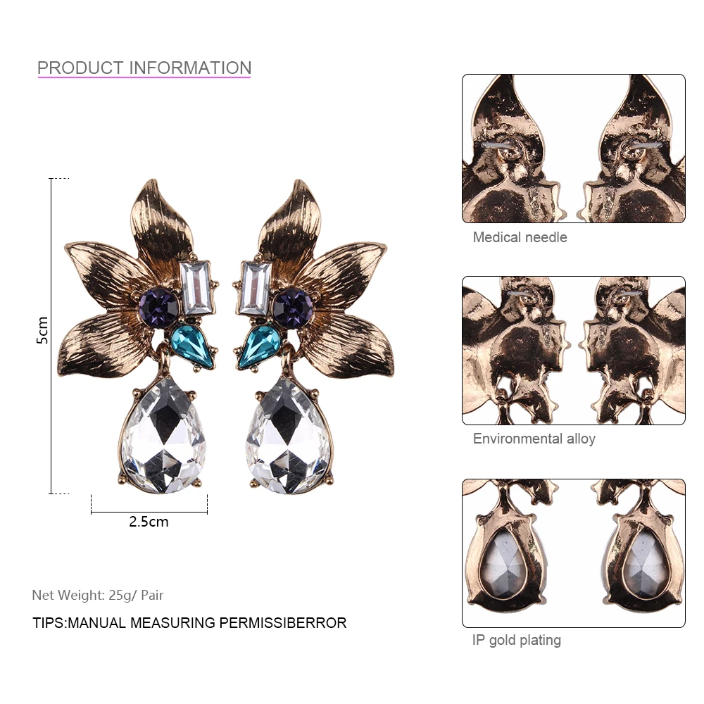 QOOKOO I Metal Leaves Earrings Clear Crystal Flower Pendant Earing Waterdrop Alloy Statement Vintage Short Dangle Women | Украшения и