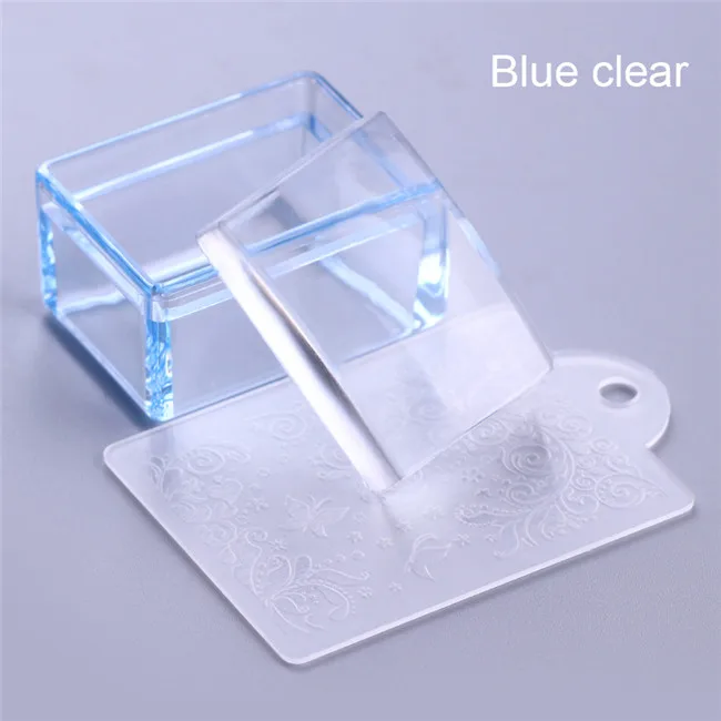 Blue clear 1 шт. красный синий Прозрачная Ручка прямоугольник силиконовый Стэмпер для ногтей желе голова с скребком инструмент для дизайна ногтей - Цвет: Blue clear