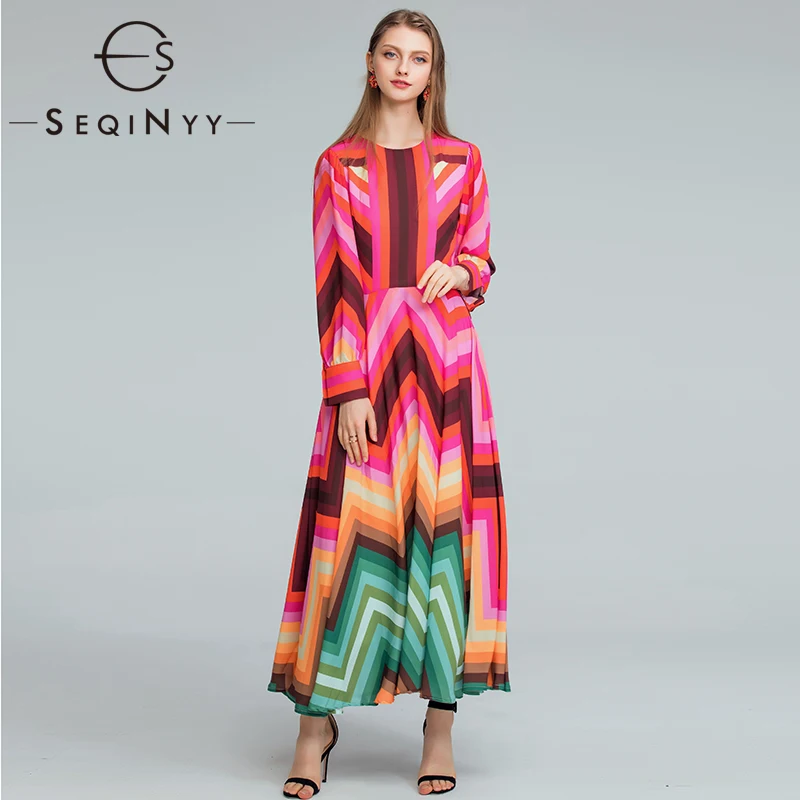 

Женское длинное платье-трапеция SEQINYY, элегантное платье с длинным рукавом и радужным принтом, осень-весна 2019