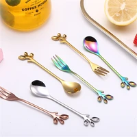 creative stainless steel fork spoon leaf shape handle coffee cake dessert ice cream forks spoons glossy household tableware 1pcs