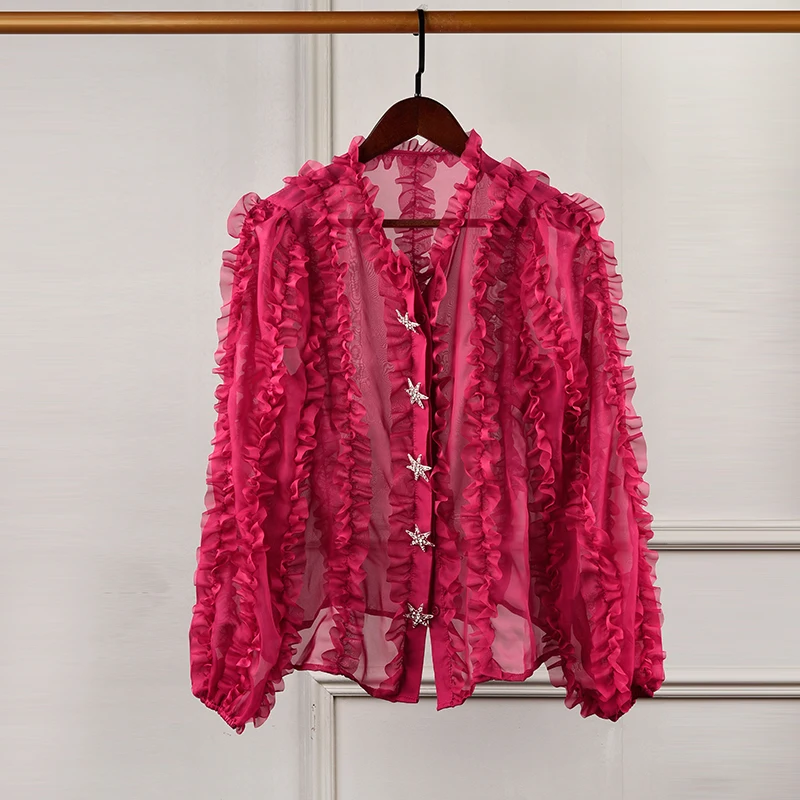 2019 Summer Party Red Ruffles Blouses Shirt Women Runway Designer Elegant Lantern Sleeve Female Tops Clothes |