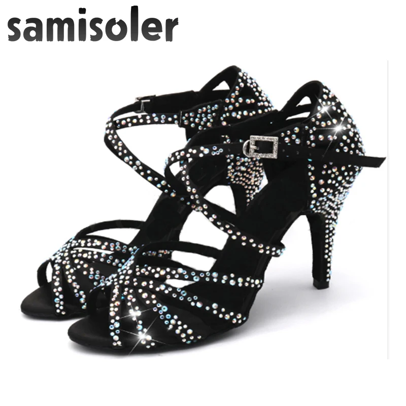 Samisoler Latin Dance Shoes Women with Black Satin tango jazz Salsa Rhinestone Shoes Dance For Women Ballroom Dancing Shoes Hig