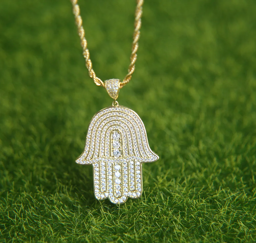 Для мужчин белого золота цвет Iced Out кубический цирконий Хамса рук Подвеска Шарм хип хоп цепочки и ожерелья с цепочкой