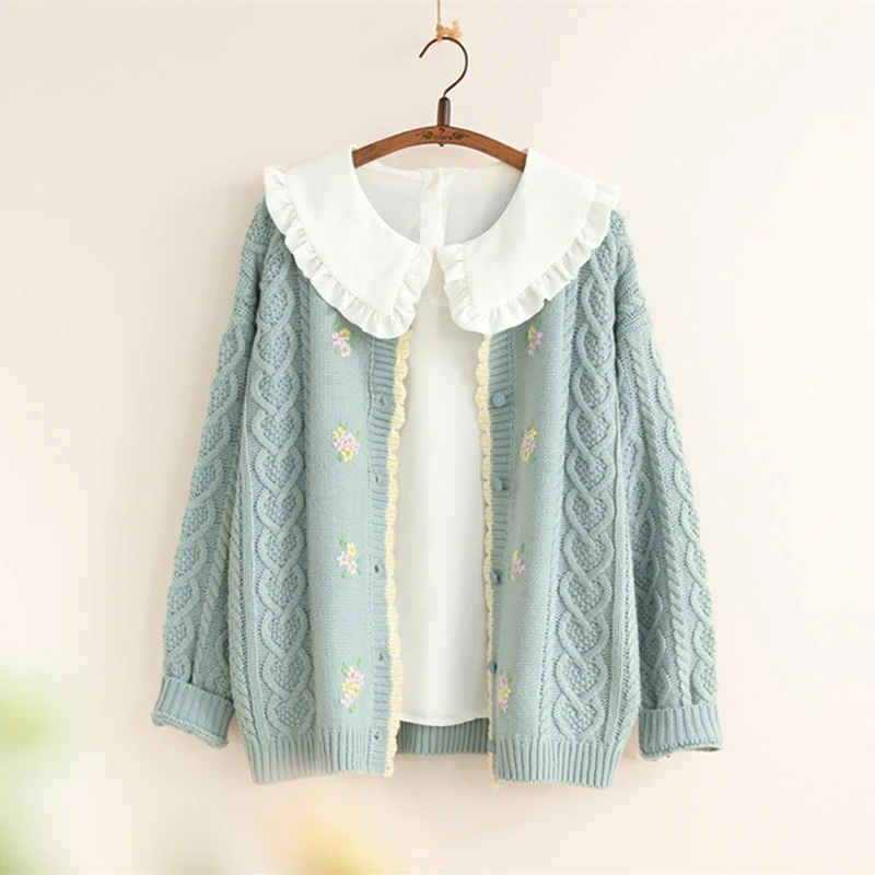 Japanese Mori Girl Embroidered Floral Winter Knitted Cardigan Sweater PINK/WHITE/BLUE |