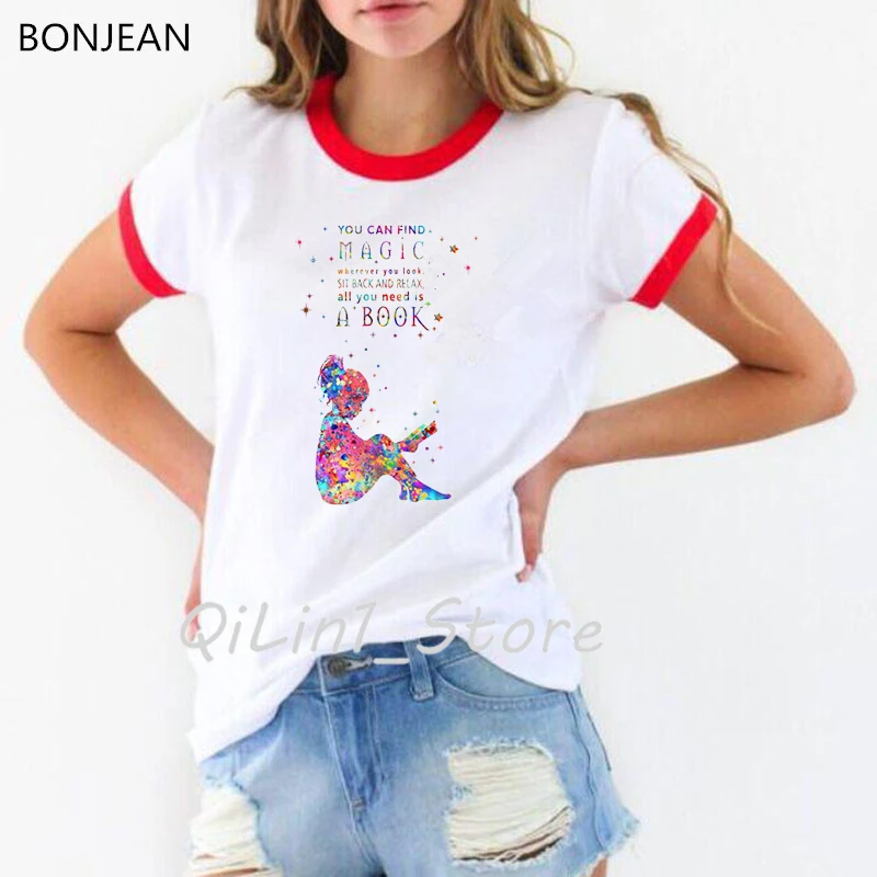 Watercolor reader kids print t shirt women harajuku kawaii tee femme white o-neck short sleeve t-shirt female streetwear | Женская