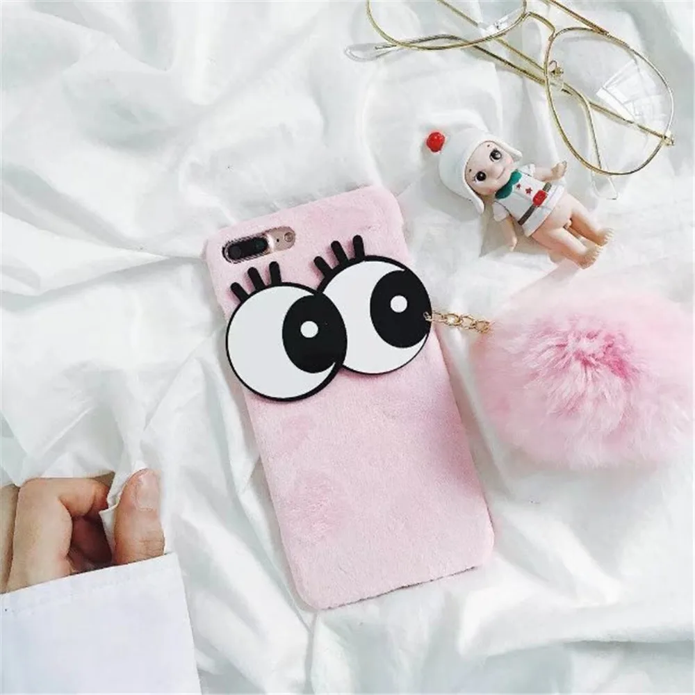 For iphone X 6S 6 7 8 Plus Coque Winter Soft Fur Back Cases ALANGDUO Fashion Cartoon Big Eyes 7Plus Ball Case |