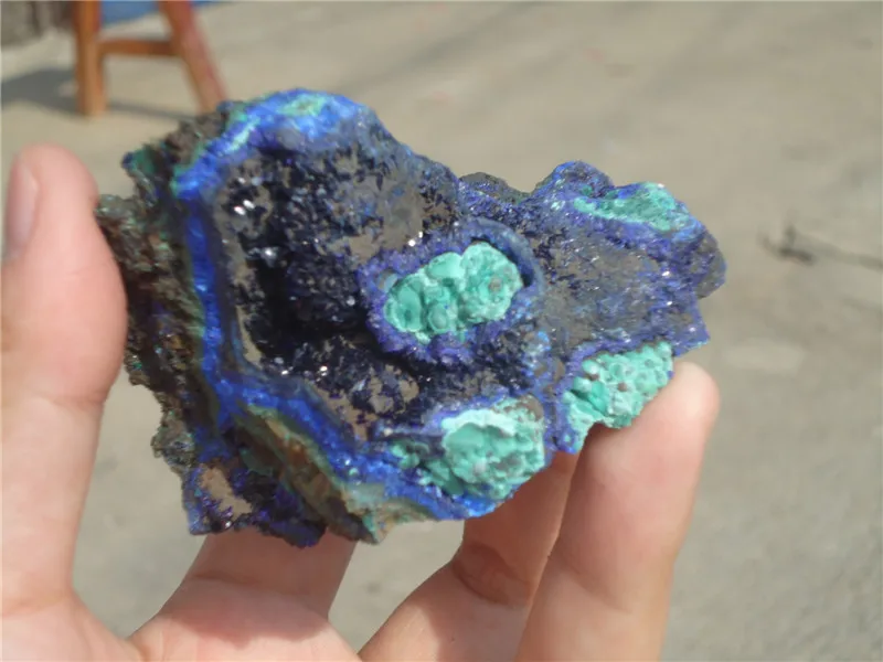 

200G Royal Blue Azurite Geode w/Malachite Balls group on copper