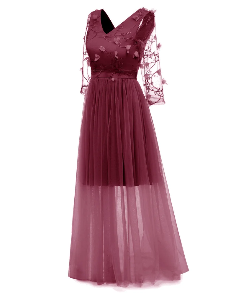 Осенние женские платья с сетчатой вышивкой цветочной v образным вырезом