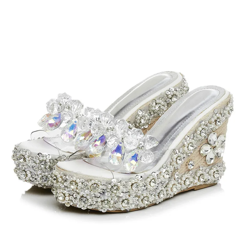 Top Product Women Shoes Pure Handmade Luxury Diamond Fish Head High Heels Wedge Sandals Slippers | Обувь