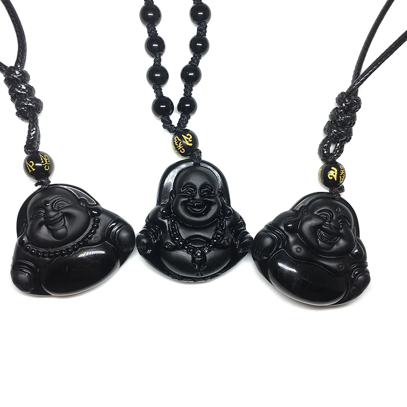 Подвеска в виде головы Будды из натурального черного обсидиана ожерелье с