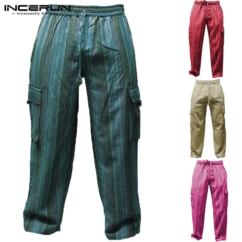 INCERUN, полосатые, 5XL, широкие, для мужчин, повседневные штаны, хлопок, свободные, для фитнеса, мешковатые, брюки-карго, с несколькими карманами, для бега, для отдыха