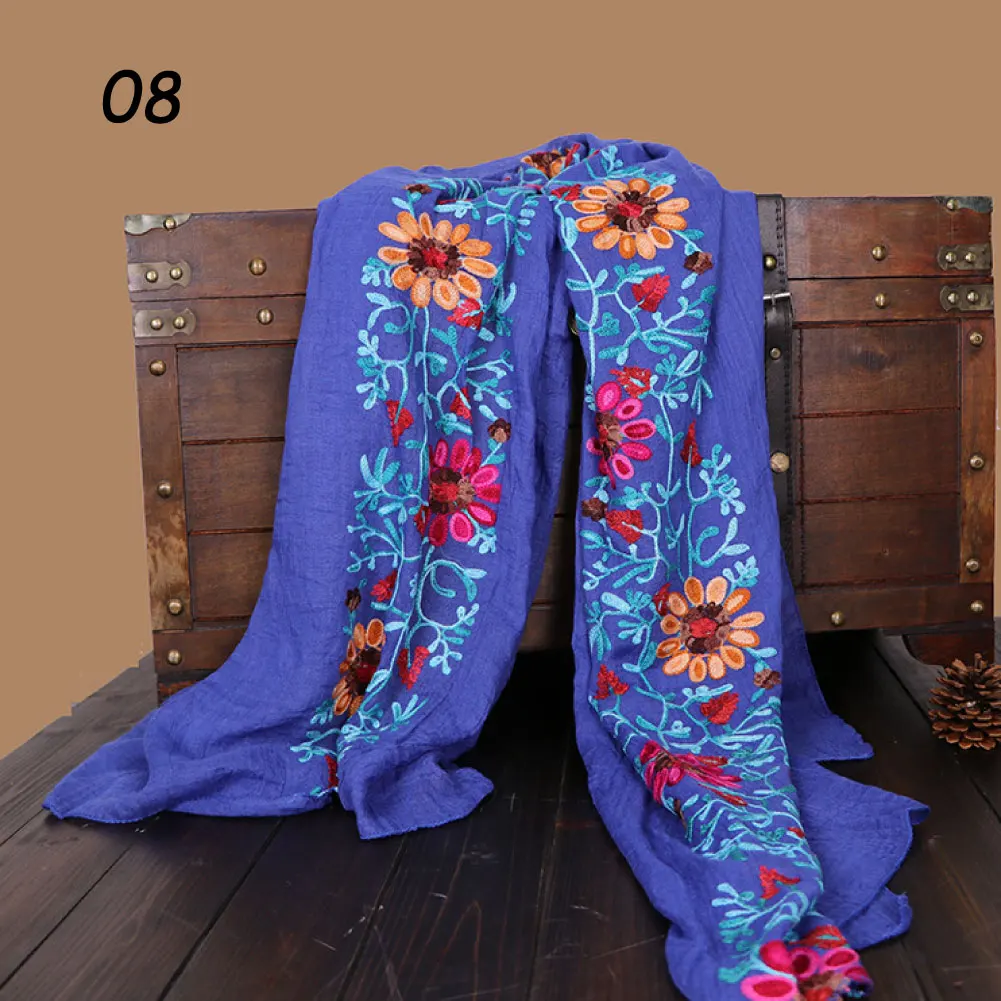 08 Diamond Blue Sparsil Женский вышитый шарф из хлопка и льна, мягкая тонкая Пашмина, летняя зимняя накидка с цветами, большой размер 170*90 см, шарфы, шали - Цвет: 08 Diamond Blue