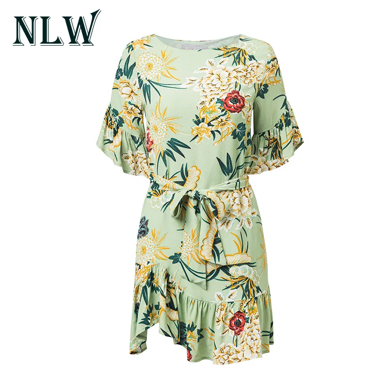Nlw Цветочный принт Для женщин короткий рукав шифон Мини платья Vestidos 2018 Летняя