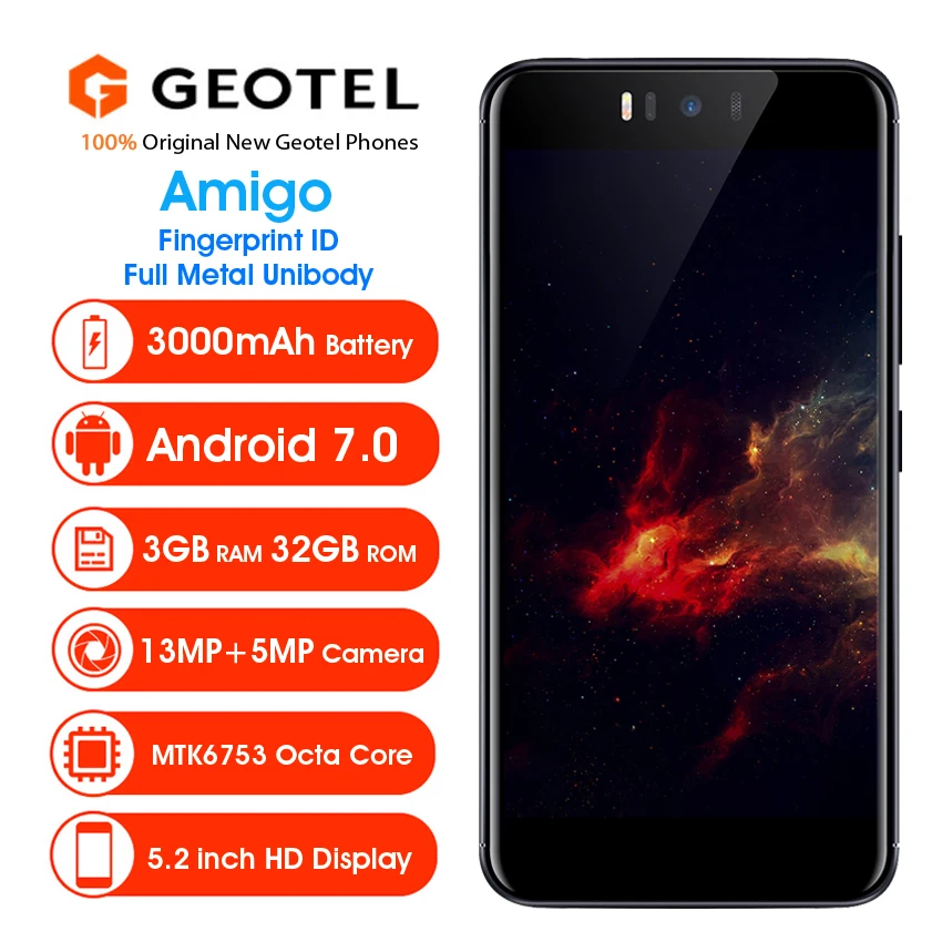 4G смартфон geotel Amigo телефон 5 2 дюймов Android 7 0 MTK6753 Восьмиядерный 3 ГБ ОЗУ 32 Гб ПЗУ 13мп