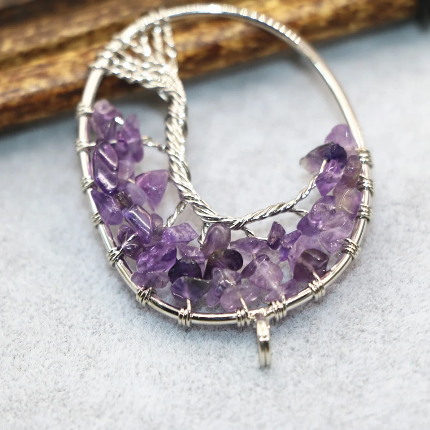 Silver-цвет ручной работы фиолетовый кристалл гравий Овальный изысканный кулон 37*54