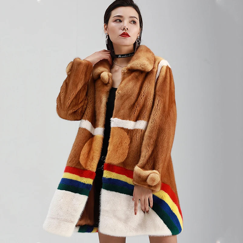 LVCHI Winter 2019 Real Mink Fur Coats Women's Patchwork Color Coat Full Pelt Contrast Color Turn-Down Collar Long Mink Coats