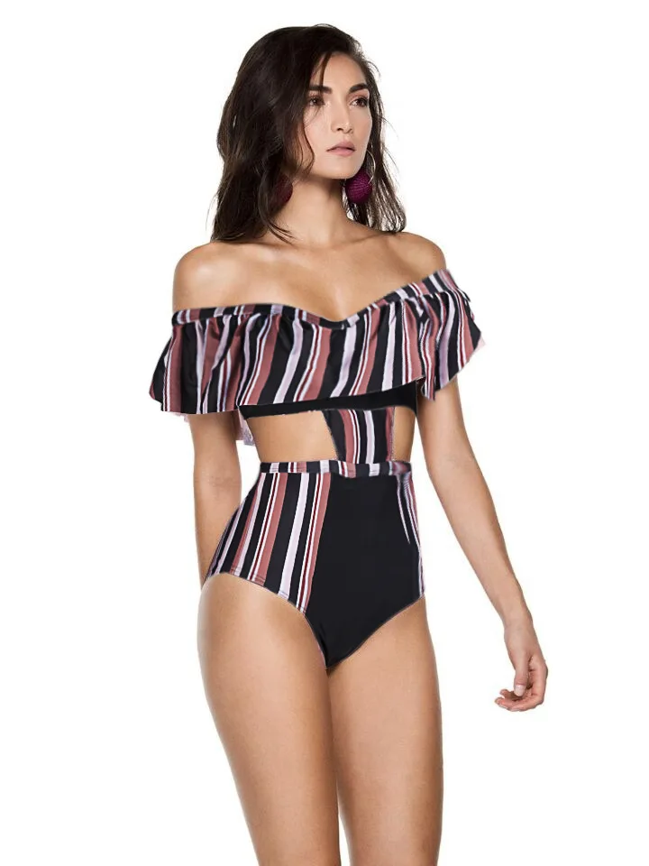 2018 Women Bikini One Piece Swimsuit Off Shoulder Prints Pink Print Floral Swimwear Low Neck Beach Suit High Waist Chic | Спорт и