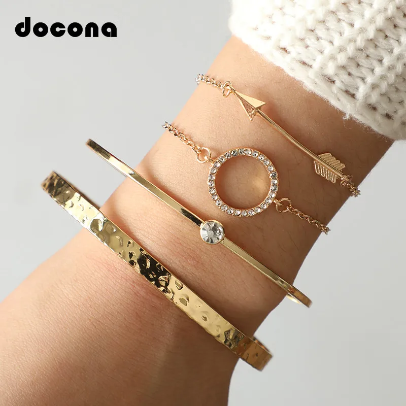 Docona Bohemia Geometric Crystal Circle Bracelets Set Gold Arrow Chain Bracelet for Women Alloy Adjustable Bangle 6845 | Украшения и