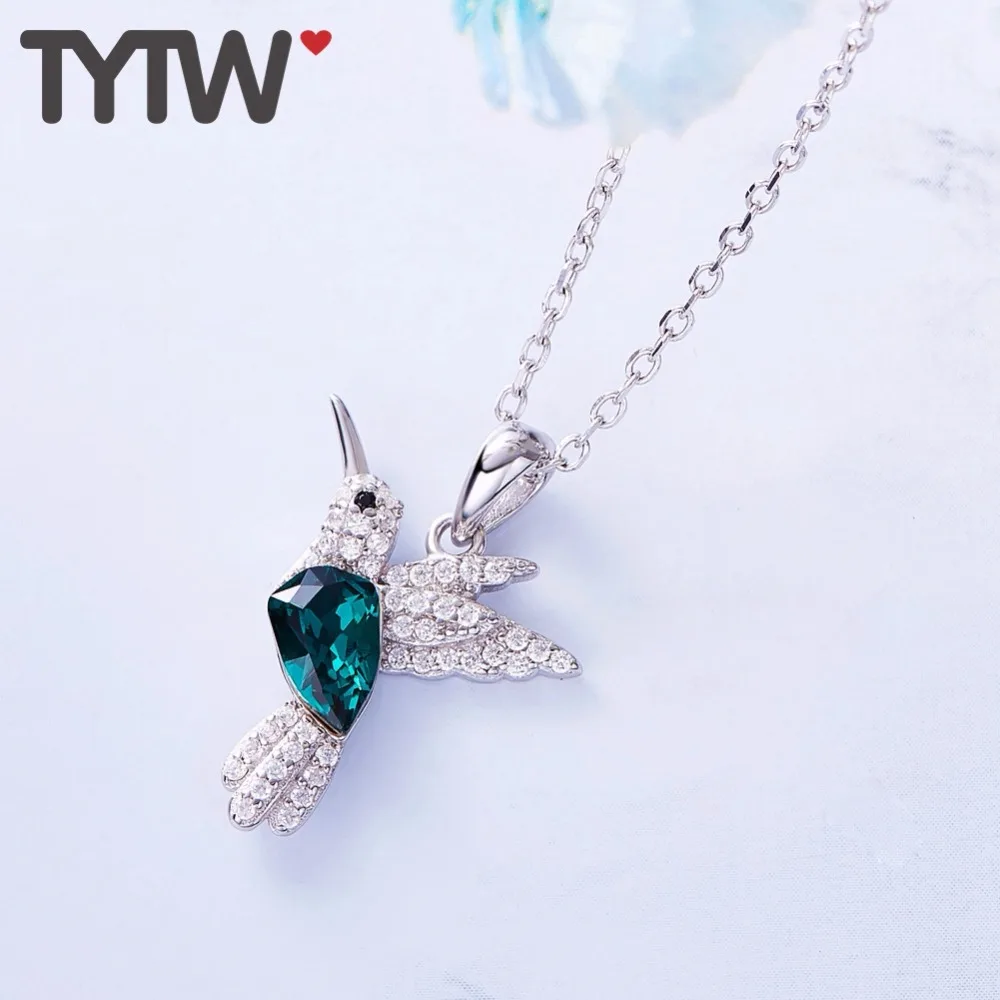 TYTW Crystals from Austrian S925 Sterling Silver Necklace Bird Green Rhinestone Pendant for Women Girls Anniversary Party Gifts | Украшения
