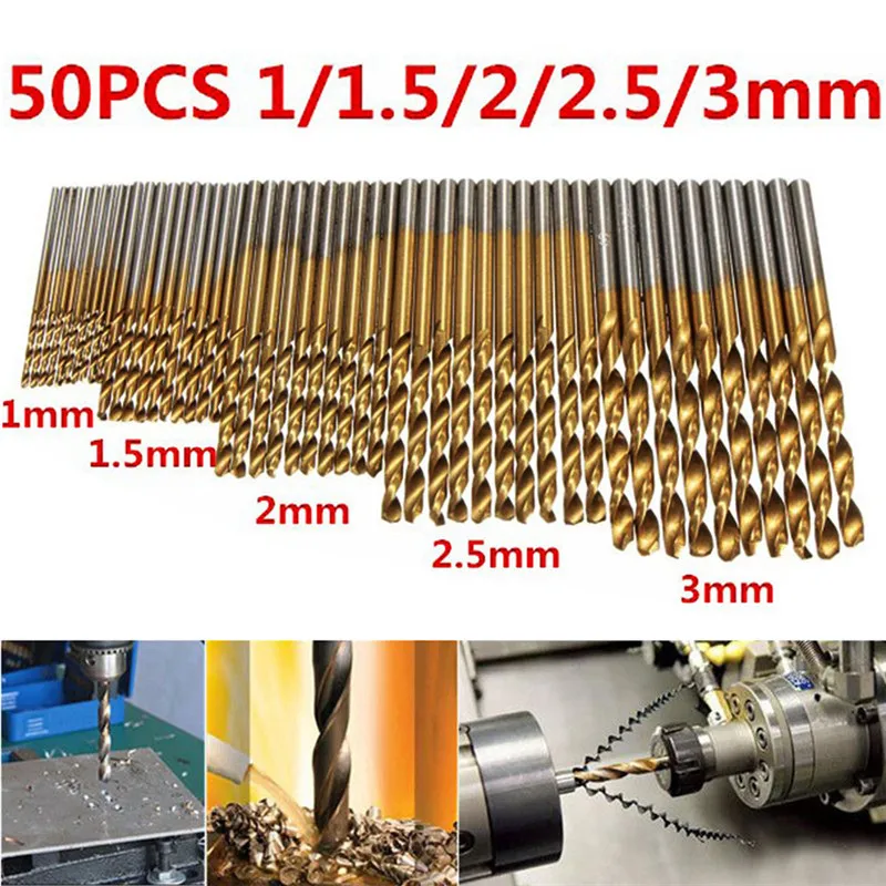 Фото 50Pcs HSS Titanium Coated Drill Bits High Speed Steel Set Tool Power Drilling Tools for Wood 1/1.5/2/2.5/3mm Инструменты 50Pcs HSS Titanium Coated Drill Bits High Speed Steel Set Tool Power Drilling Tools for Wood 1/1.5/2/2.5/3mm Инструменты