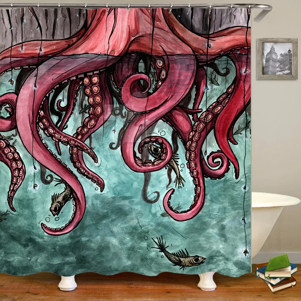 

Scary Red Octopus Shower Curtain Bathroom Curtains Vintage Black Octopus Sailboat Bathroom Decor Waterproof Home Gifts 180x180cm