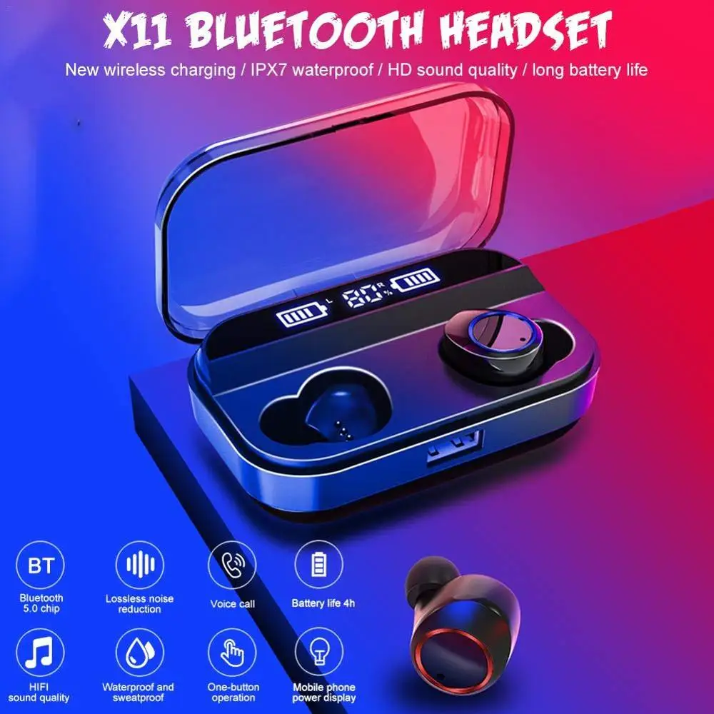 IPX7 водонепроницаемые беспроводные наушники bluetooth-гарнитура с зарядным дисплеем