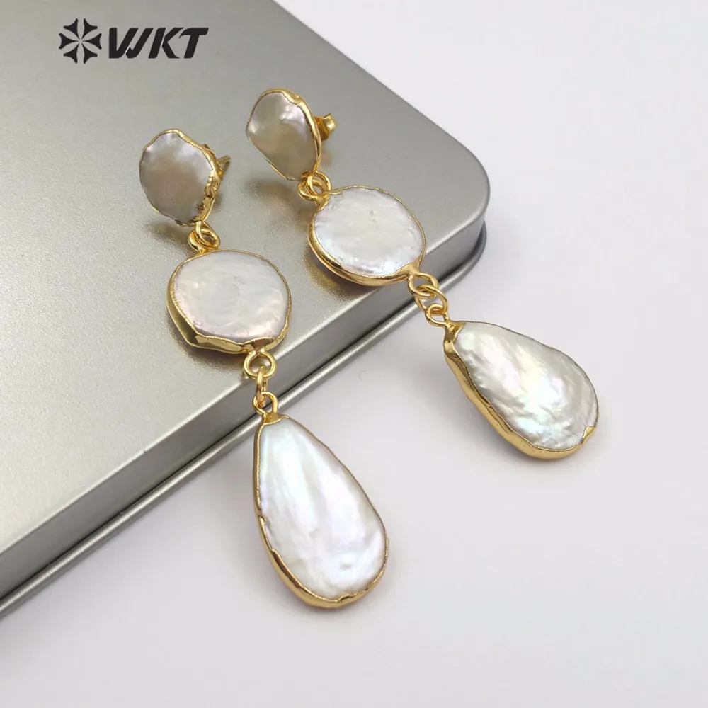 WT-E491 WKT новые жемчужные серьги натуральный пресноводный жемчуг женские серьги три жемчуга Висячие золотые ободки Капельки Форма ювелирные изделия