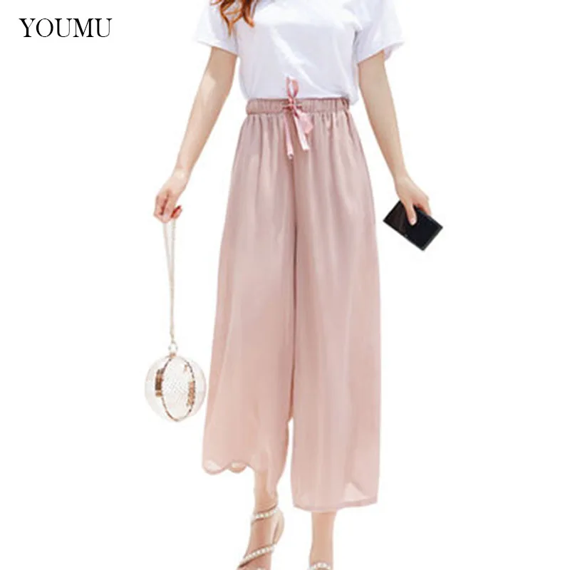 

Womens Chiffon Wide Leg Cropped Pants Drawstring High Waist Trousers Summer Casual 224-187