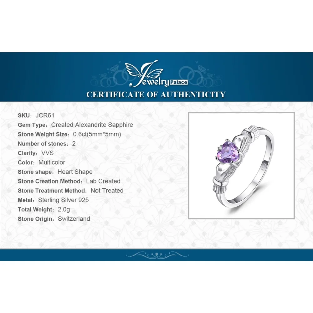 Jewelrypalace Александрит сапфир ирландский Клэдда кольцо Твердые 925 серебро Мода