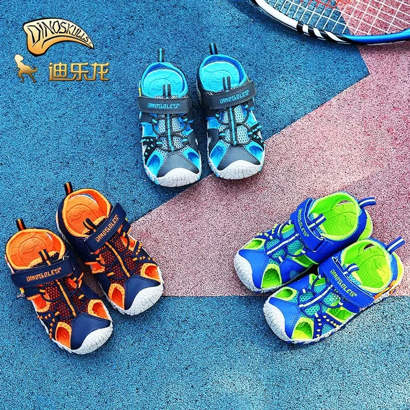 DINOSKULLS/Детская летняя обувь сандалии для мальчиков модные повседневные пляжные сандалии с вырезами и закрытым носком для детей 5 лет Нескользящие