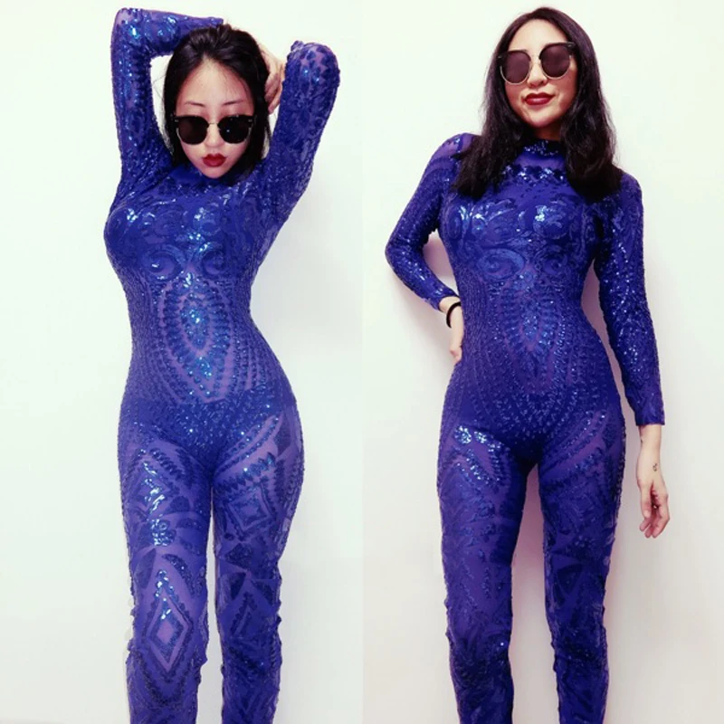 

Women New Blue Sequin Sexy Jumpsuit Party Outfit singer dancer nightclub Team performance Jumpsuit