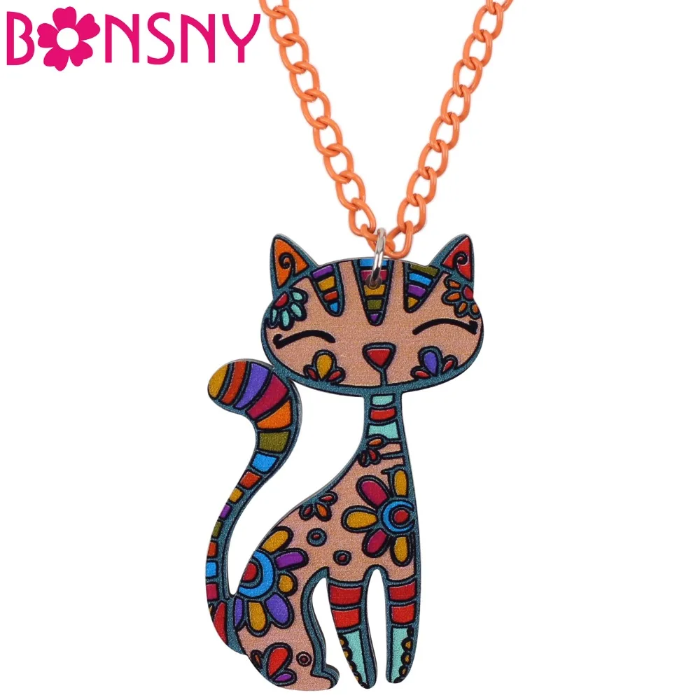 

Bonsny Acrylic Cartoon Floral Kitten Cat Necklace Pendant Chain Choker Collar Cute Animal Jewelry For Women Girls Teens Gift Pet