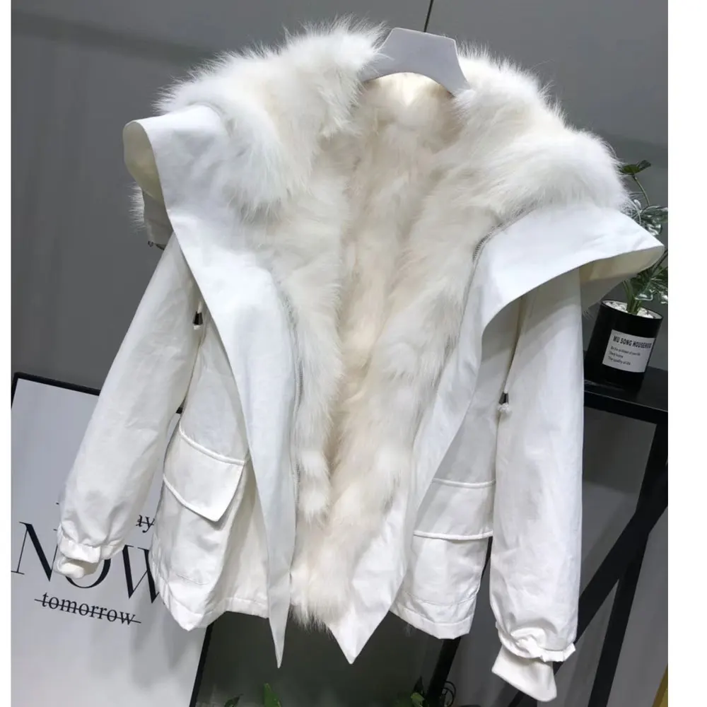 2019 Women Real Fox Fur Collar Coat Natural White Raccoon Liner Detachable Loose Thick Warm Winter Jacket Hooded Parkas | Женская одежда
