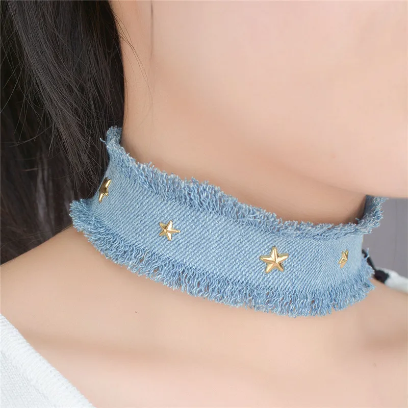 Женское колье в стиле панк SOHOT ожерелье из голубой джинсовой ткани со звездами