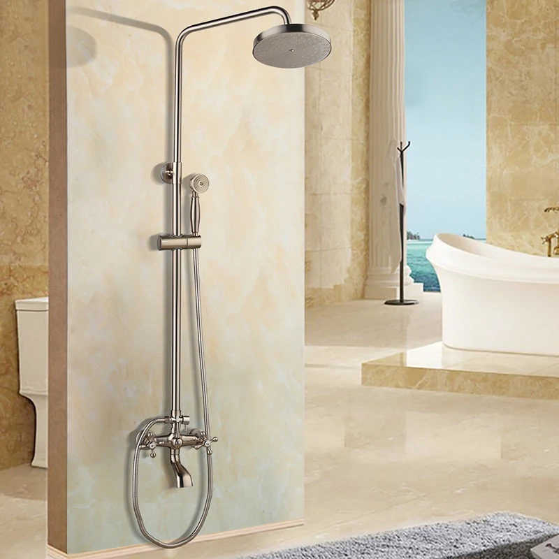 

Monite Nickel Brushed Solid Brass Bathroom Shower Faucet Set 3 Functions Single Ceramic Handle Tub Mixer Hand Shower