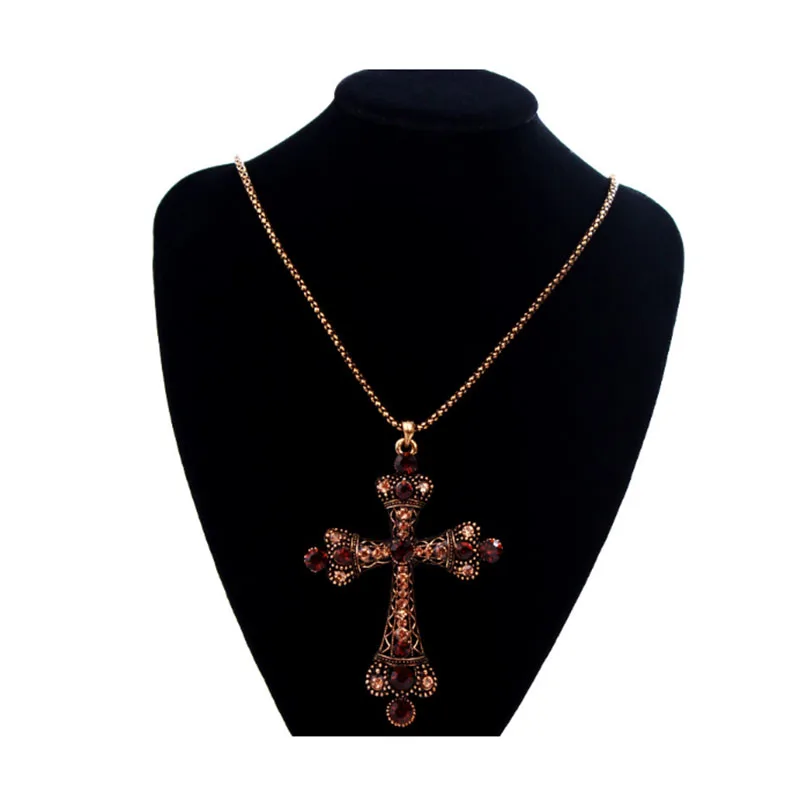 

Fashion Ethnic Religious Jewelry Flower Cross Necklace Antique Gold Color Resin Women Sacred Spiritual Symbol Pendant Necklace
