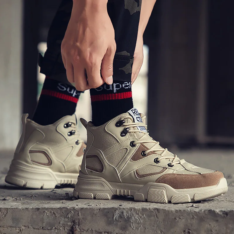 Beige Кроссовки на танкетке, Мужская износостойкая повседневная обувь+ мужские кроссовки смешанных цветов на шнуровке для мужчин, удобная прошитая обувь из искусственной кожи - Цвет: Beige