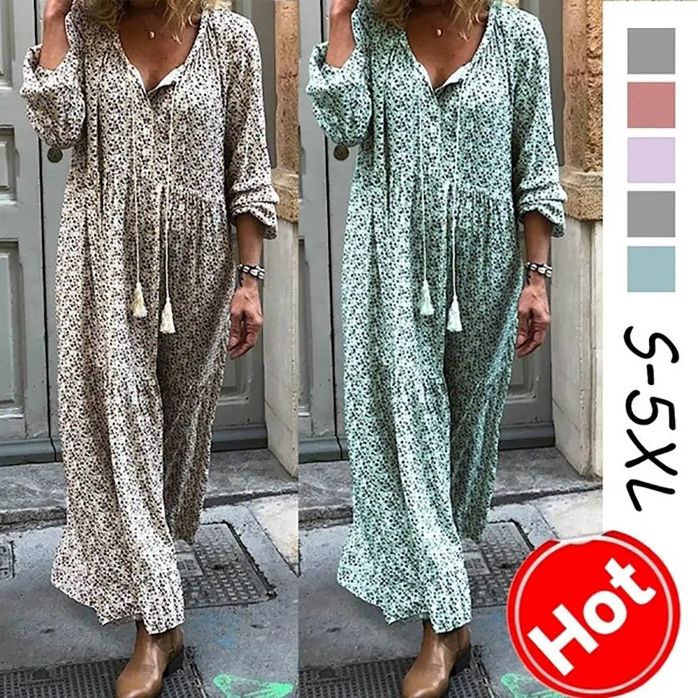 

Women fashion V Neck Plus Size Bohemian V Neck Floral Print Tassel Drawstring Long Sleeve Dress
