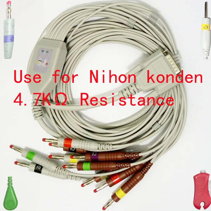 

Compatible with DB15M Nihon Kohden,Fukuda Cardisuny the ECG/EKG 10 lead 4.0mm banana plug cable IEC have 4.7K resistance
