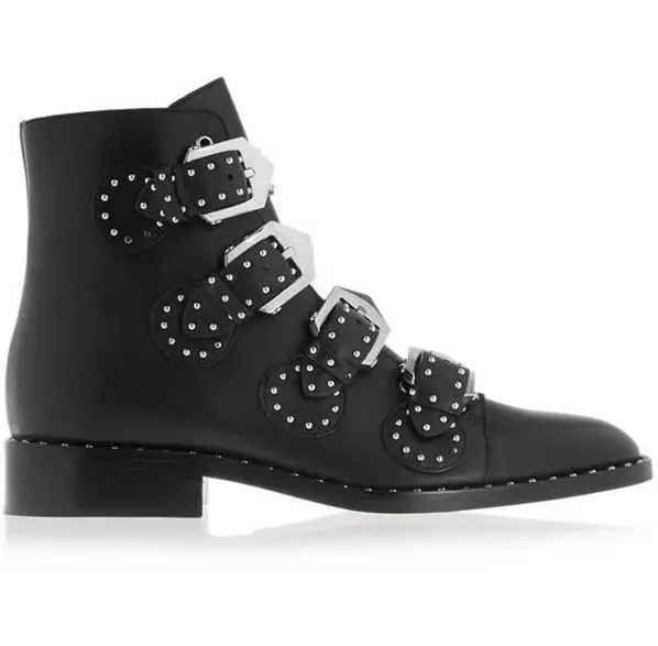 Fashion Brand Rivet Buckle Designer Bootie Female Low Heel Solid Black Leather Ankle Boot Side Zipper Women's Motorcycle Booties
