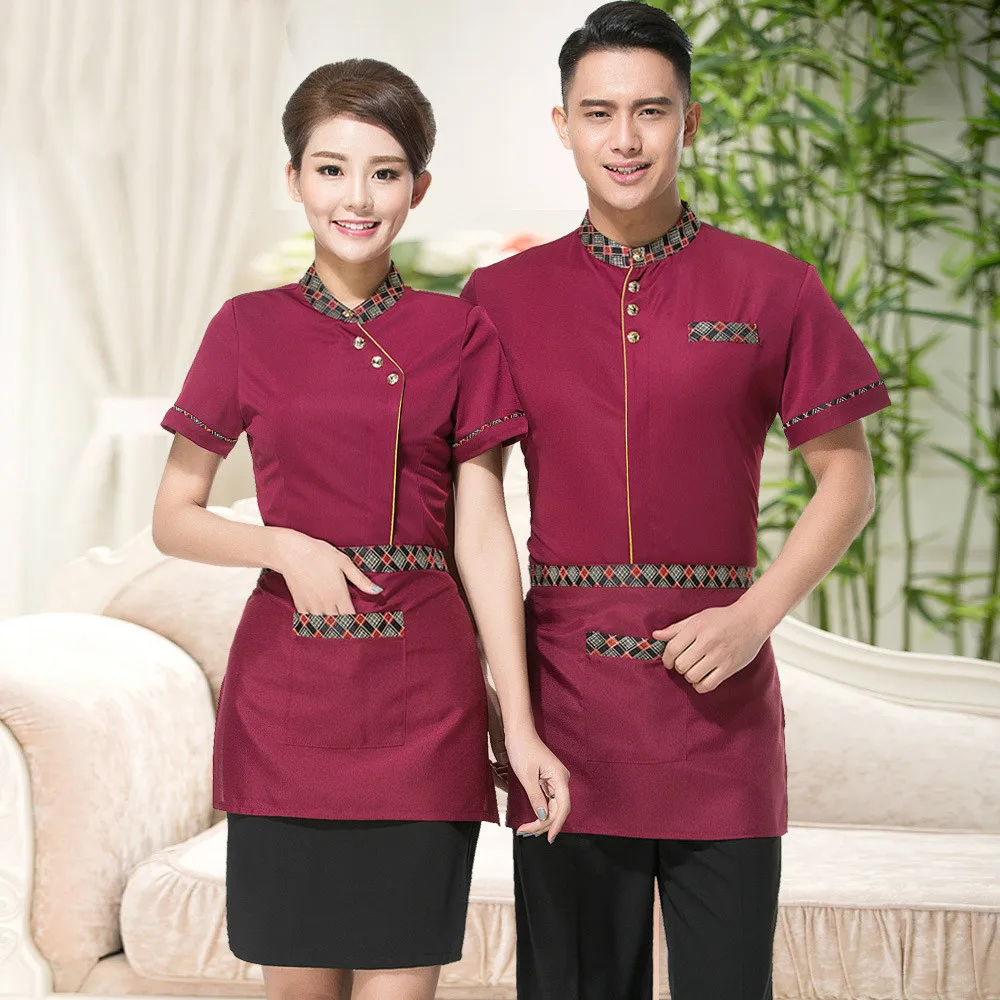 

3 Color New Style Hotel Uniforms Short Sleeved Summer Chinese Restaurant Waiter Clothes Top + Apron