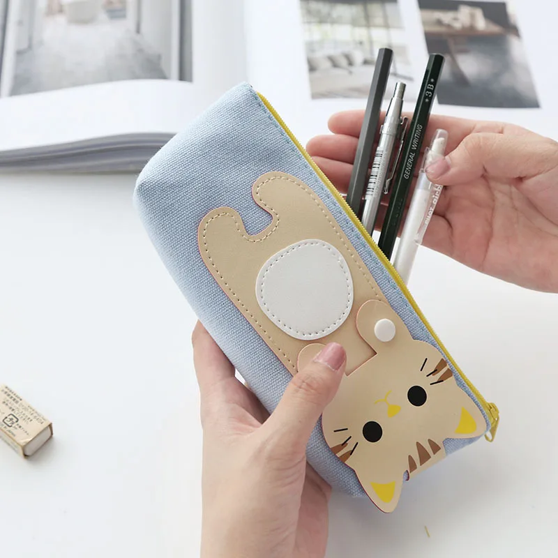 Большой Ёмкость мило холст сумочка для ручек и карандашей держатель котенка с